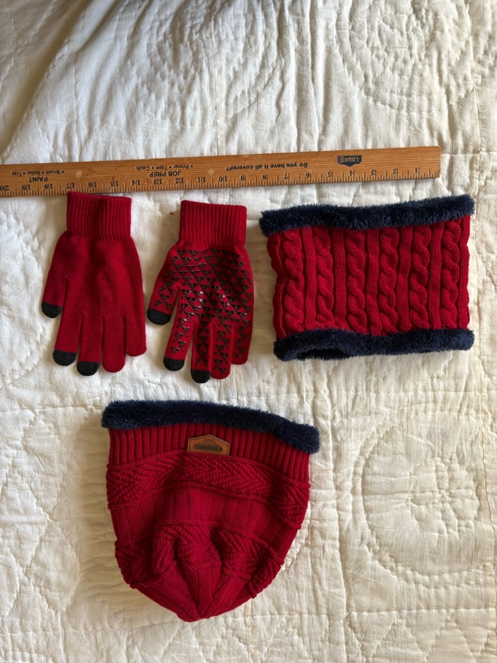 3 pieces Red Knit Beanie, Neck Warmer & Gloves Set - Cozy Winter Accessory